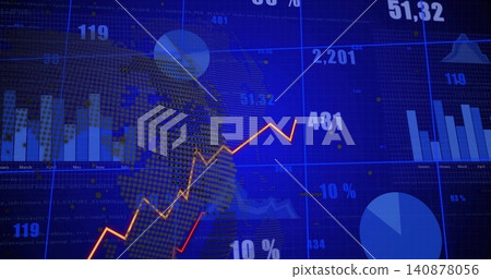 Displaying central rising orange red line chart on finance screen, showing dotted globe, bars, pie Displaying central rising orange red line chart on finance screen, showing dotted globe, bars, pie 140878056