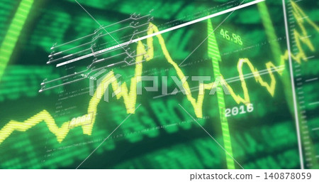 Displaying yellow line chart moving on market screen, showing overlays, green spike, numeric labels Displaying yellow line chart moving on market screen, showing overlays, green spike, numeric labels 140878059