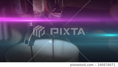 Pouring espresso from portafilter dual spout into cup on counter, magenta or teal flares and droplet Pouring espresso from portafilter dual spout into cup on counter, magenta or teal flares and droplet 140878071