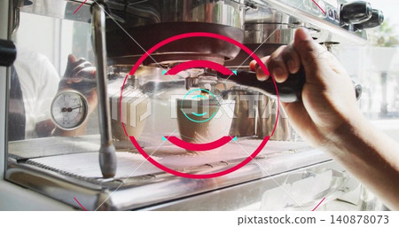 Brewing hand holding portafilter, pouring espresso into cup on bar with gauge, showing white shirt Brewing hand holding portafilter, pouring espresso into cup on bar with gauge, showing white shirt 140878073