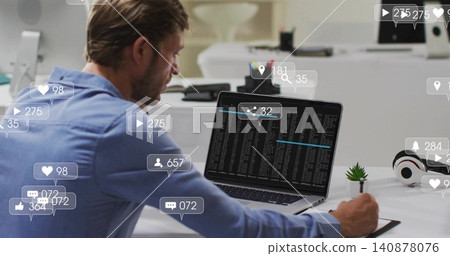 Typing man in blue shirt writing tablet at office, laptop showing code with overlays, copy space Typing man in blue shirt writing tablet at office, laptop showing code with overlays, copy space 140878076
