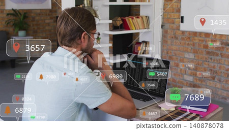 Typing developer in blue shirt at wooden desk in office, showing laptop code and UI overlays Typing developer in blue shirt at wooden desk in office, showing laptop code and UI overlays 140878078