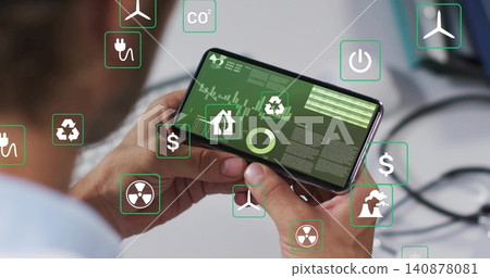 Holding phone with medical hands, viewing green data on clinic desk, with stethoscope and AR icons Holding phone with medical hands, viewing green data on clinic desk, with stethoscope and AR icons 140878081