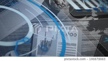 Showing report with bar chart and numeric header lying on wood desk, featuring laptop, AR overlay Showing report with bar chart and numeric header lying on wood desk, featuring laptop, AR overlay 140878083