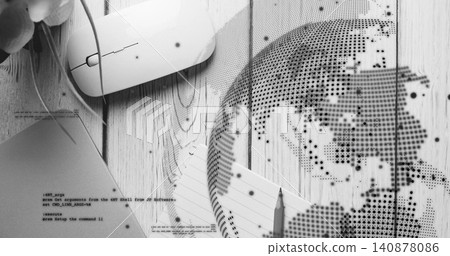 Displaying dotted globe overlaying right desk with mouse, laptop, notepad, pencil, code, copy space Displaying dotted globe overlaying right desk with mouse, laptop, notepad, pencil, code, copy space 140878086