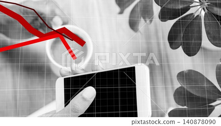 Tapping smartphone with light cuffed hand on wooden table, with cup plant grid and red trendlines Tapping smartphone with light cuffed hand on wooden table, with cup plant grid and red trendlines 140878090