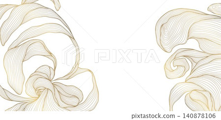 Elegant gold line pattern with abstract waves, delicate floral leaves on white. Luxury vector background illustration, Japanese ornament, art deco style, wedding card, wine label, premium packaging. 140878106
