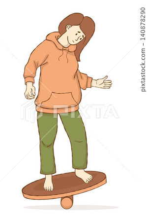 Young Girl on Wobble Balance Board. Autism Sensory Integration Therapy. Woman Balancing on Wooden Roller Trainer. Vector Illustration. Colored Hand Drawn. ADHD Stimulation Tool for Coordination. Young Girl on Wobble Balance Board. Autism Sensory Integration Therapy. Woman Balancing on Wooden Roller Trainer. Vector Illustration. Colored Hand Drawn. ADHD Stimulation Tool for Coordination. 140878290