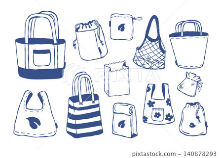 Eco Bag and Reusable Packaging. Sustainable Shopping Tote, Grocery Sack, Fruit Mesh, Striped Beach Bag and Paper Packet Collection. Zero Waste Storage. Vector Illustration. Isolated Blue Hand Drawn. Eco Bag and Reusable Packaging. Sustainable Shopping Tote, Grocery Sack, Fruit Mesh, Striped Beach Bag and Paper Packet Collection. Zero Waste Storage. Vector Illustration. Isolated Blue Hand Drawn. 140878293