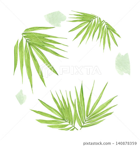 Hand drawn watercolor tropical leaves label composition. Illustration isolated on white background. Can be used for invitation, sticker, travel design and other printed products Hand drawn watercolor tropical leaves label composition. Illustration isolated on white background. Can be used for invitation, sticker, travel design and other printed products 140878359