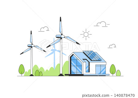 House with Solar Panels and wind Turbines,flat design icon illustration House with Solar Panels and wind Turbines,flat design icon illustration 140878470