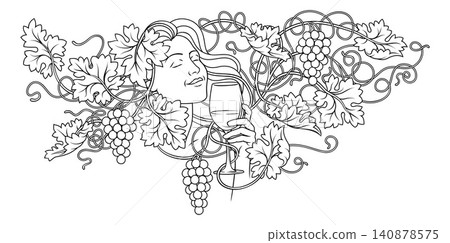 Woman Drinking Wine Grape Vine Leaves Illustration Woman Drinking Wine Grape Vine Leaves Illustration 140878575
