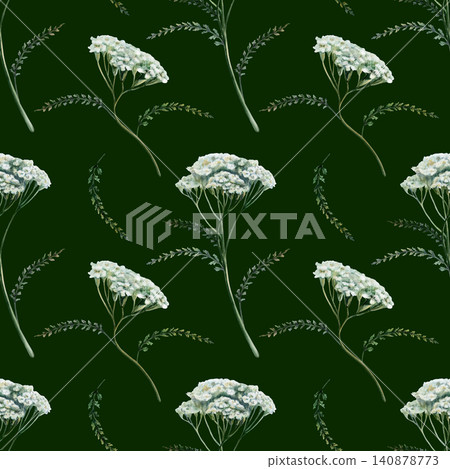 Yarrow seamless pattern watercolor illustration on dark background. Achillea medicinal herb for premium men grooming packaging, organic detox cosmetics branding, luxury herbal elixir bottle print Yarrow seamless pattern watercolor illustration on dark background. Achillea medicinal herb for premium men grooming packaging, organic detox cosmetics branding, luxury herbal elixir bottle print 140878773