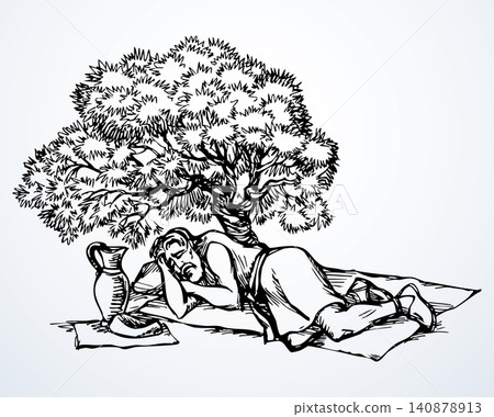 Vector drawing. Man resting at the bush Vector drawing. Man resting at the bush 140878913