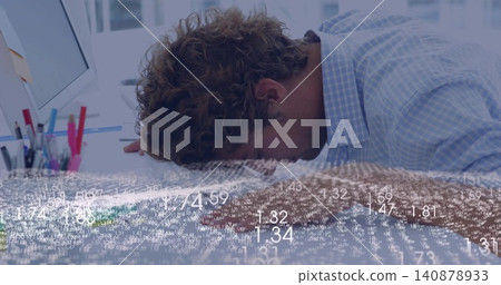 Leaning man in blue-checkered shirt resting head on office desk, monitor and pen cup, data overlay Leaning man in blue-checkered shirt resting head on office desk, monitor and pen cup, data overlay 140878933