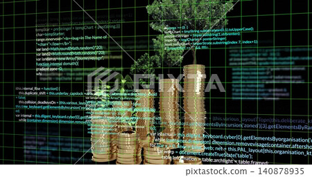 Displaying stacked gold coin columns growing green saplings on glossy floor, with green grid code Displaying stacked gold coin columns growing green saplings on glossy floor, with green grid code 140878935