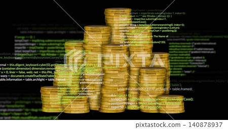 Displaying stacked gold coin piles shimmering on studio black backdrop, with floating code overlay Displaying stacked gold coin piles shimmering on studio black backdrop, with floating code overlay 140878937