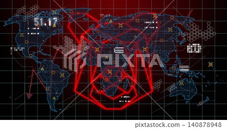 Displaying stylized world map highlighting neon arcs on dark red grid interface, with hex clusters Displaying stylized world map highlighting neon arcs on dark red grid interface, with hex clusters 140878948