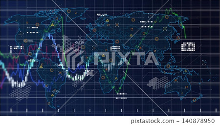 Displaying stylized world map showing live market data on dashboard, with candlesticks and nodes Displaying stylized world map showing live market data on dashboard, with candlesticks and nodes 140878950