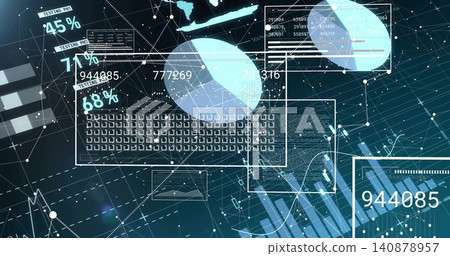 Displaying HUD animating on teal grid, showing keyboard outline, pie charts, numeric panels Displaying HUD animating on teal grid, showing keyboard outline, pie charts, numeric panels 140878957