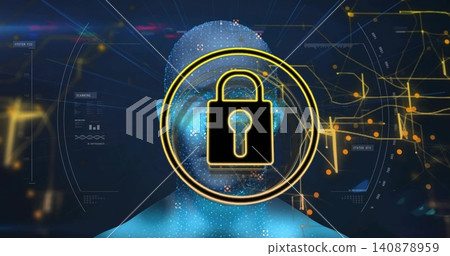 Displaying cyber bust undergoing scanning in virtual HUD, showing gold padlock ring and nodes Displaying cyber bust undergoing scanning in virtual HUD, showing gold padlock ring and nodes 140878959