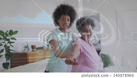Guiding caregiver in light green polo steadying senior in pink polo in bedroom, with HUD graphics Guiding caregiver in light green polo steadying senior in pink polo in bedroom, with HUD graphics 140878968