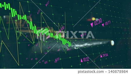 Displaying green candlestick chart declining on trading dashboard, showing yellow line and comet Displaying green candlestick chart declining on trading dashboard, showing yellow line and comet 140878984