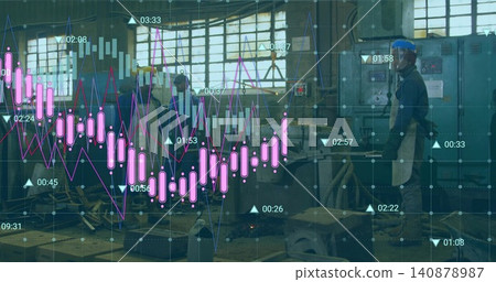 Checking man on right in blue helmet, apron using panel at factory, candlestick chart, copy space Checking man on right in blue helmet, apron using panel at factory, candlestick chart, copy space 140878987