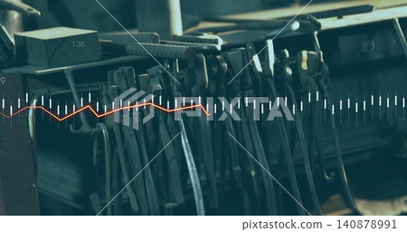 Hanging metal tools forming dense array on workshop rack, with block, coiled rod and data overlay Hanging metal tools forming dense array on workshop rack, with block, coiled rod and data overlay 140878991