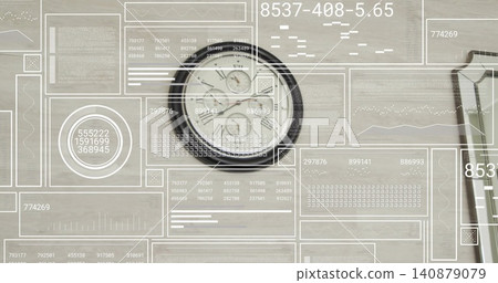 Showing dark-rimmed analog clock with subdials on wooden desk with HUD overlays and partial device Showing dark-rimmed analog clock with subdials on wooden desk with HUD overlays and partial device 140879079