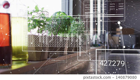 Showing potted green plant on wooden table near window with glass bottles, AR HUD, copy space 140879080