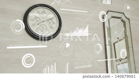 Displaying round analog wall clock ticking on light wood wall, with mirrored doorway and overlays 140879081