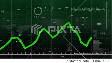 Running bright green jagged trend line spanning center of dashboard, with grid axes and gauge Running bright green jagged trend line spanning center of dashboard, with grid axes and gauge 140879085