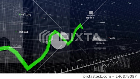 Displaying bright green trend line climbing across dark 3D grid plane, showing numeric readouts Displaying bright green trend line climbing across dark 3D grid plane, showing numeric readouts 140879087