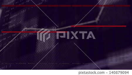 Rising glowing white trend line crossing center on stylized dashboard, with red bars and code 140879094