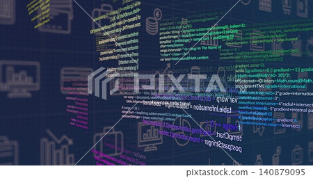 Floating layered highlighted code panels tilting in dark blue grid, with repeating icons Floating layered highlighted code panels tilting in dark blue grid, with repeating icons 140879095