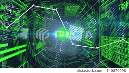 Pulsing central glowing circular hub projecting lines in simulated digital corridor, with UI panels Pulsing central glowing circular hub projecting lines in simulated digital corridor, with UI panels 140879098