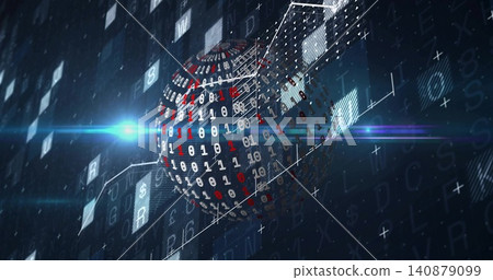 Rotating binary sphere of 0s and 1s, intersecting wireframe cube in data grid, blue streaks Rotating binary sphere of 0s and 1s, intersecting wireframe cube in data grid, blue streaks 140879099
