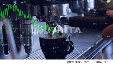 Pouring portafilter spout releasing espresso into small black cup on cafe bar, with market charts Pouring portafilter spout releasing espresso into small black cup on cafe bar, with market charts 140879160