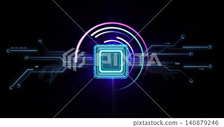 Radiating microchip with key silhouette on black void, purple cyan arcs and circuit traces Radiating microchip with key silhouette on black void, purple cyan arcs and circuit traces 140879246