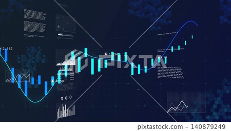 Displaying market panel showing candlestick bars and smooth trend line on dark grid, with labels Displaying market panel showing candlestick bars and smooth trend line on dark grid, with labels 140879249