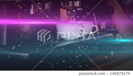 Showing espresso machine pulling shots into two white ceramic cups on wooden counter, magenta bokeh Showing espresso machine pulling shots into two white ceramic cups on wooden counter, magenta bokeh 140879274