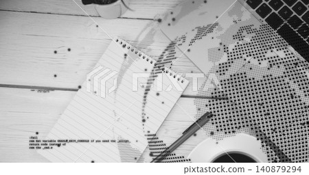Showing spiral notepad resting diagonal on wood desk with pen, keyboard, coffee, halftone map, code Showing spiral notepad resting diagonal on wood desk with pen, keyboard, coffee, halftone map, code 140879294