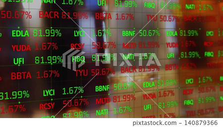 Displaying LED ticker panel showing red and green percent on glossy glass grid in trading room Displaying LED ticker panel showing red and green percent on glossy glass grid in trading room 140879366