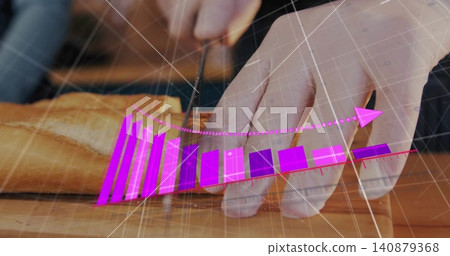 Slicing hands wearing white gloves and black sleeve, cutting baguette with knife, purple bar chart Slicing hands wearing white gloves and black sleeve, cutting baguette with knife, purple bar chart 140879368