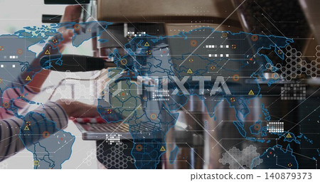 Operating barista wearing striped shirt inserting portafilter at counter, with espresso machine HUD Operating barista wearing striped shirt inserting portafilter at counter, with espresso machine HUD 140879373