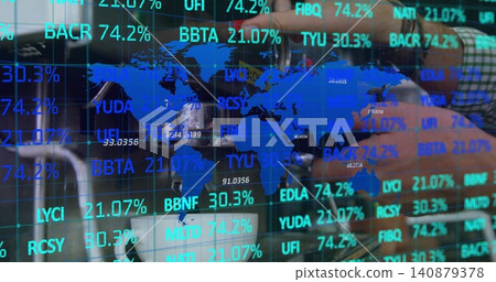 Displaying blue world map and tickers on glass in office, forearm in green plaid shirt reaching Displaying blue world map and tickers on glass in office, forearm in green plaid shirt reaching 140879378