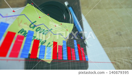 Resting camera lens with yellow sticky note and blue pen on wooden desk, showing red-blue charts Resting camera lens with yellow sticky note and blue pen on wooden desk, showing red-blue charts 140879395