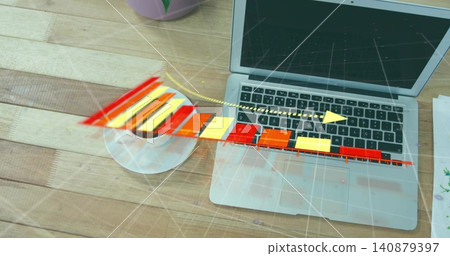 Projecting holographic 3D bar chart above keyboard, silver laptop sitting on wooden desk with cup Projecting holographic 3D bar chart above keyboard, silver laptop sitting on wooden desk with cup 140879397