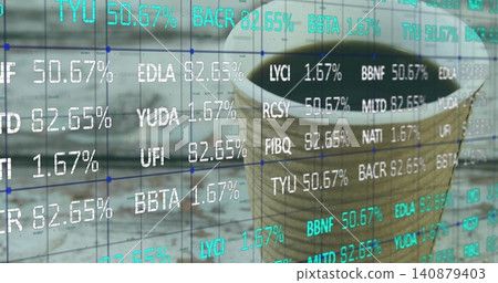 Showing paper cup with white lid and sleeve on wood desk, overlaying grid, tickers, copy space Showing paper cup with white lid and sleeve on wood desk, overlaying grid, tickers, copy space 140879403